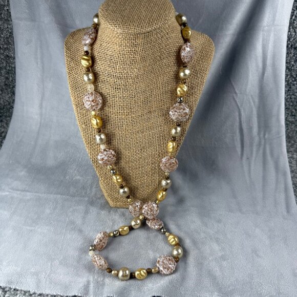 Gold Copper Speckled Long Beaded Necklace White Marble Effect Statement Beads - Picture 4 of 16